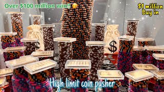 1 Quarter CHALLENGE100000000 BUY IN HIGH LIMIT COIN PUSHER GOLDEN WIN [upl. by Thill641]