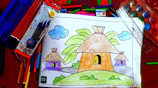 How to Draw a Hut 🛖 Step by Step Very EyesSample House Drawing art drawing [upl. by Elyod]