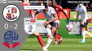 Crawley Town 02 Bolton Wanderers Matchday 8 202425 EFL League One Highlight [upl. by Ecinnahs]