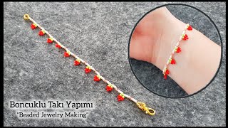 Çilek zincir bileklik yapımı Strawberry chain bracelet necklace bangle with seed beads Tutorial [upl. by Andrews637]