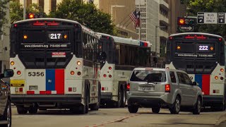 Houston Metro Buses On Travis During Peak  Light Rail amp Bus Action At Various TC [upl. by Selbbep]