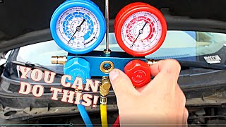 How to Recharge a Cars AC System Using a Manifold Gauge Set amp Vacuum Pump  Air Conditioning [upl. by Pedaias299]