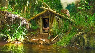 Building complete and warm Viking Shelter under a bridge  Hot Dog for dinner [upl. by Aicarg]