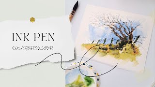 Watercolor Painting Demonstration of a Scenic Single Tree Using Ink Pen [upl. by Aihsotal]