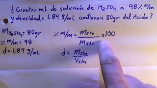 Una Solucion de H2SO4 al 98 en masa y densidad 184gmL [upl. by Lladnarc]