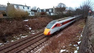 Scotrail and LNER trains at speed in Cove Bay Aberdeen in slightly snowy conditions [upl. by Raleigh619]