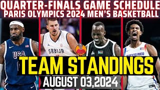 TEAM STANDINGS MENS BASKETBALL PARIS OLYMPICS 2024 AUGUST 032024QUARTERFINALS GAME SCHEDULE [upl. by Jahdai]