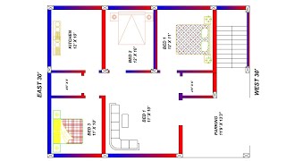 30 x 40 west face 3 bedroom house plan with centre line according to vastu [upl. by Yebba]