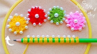 Its so Beautiful 💖🌟 Super Easy Woolen Flower Making Idea with Pencil  Hand Embroidery Flowers [upl. by Winn460]