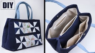 DIY Patchwork Big Tote bag Making From Cloth  Jeans Woman Bag Sewing from Scratch [upl. by Noyk]