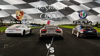 Alfa Romeo Giulia Quadrifoglio vs Audi R8 V10 vs Porsche Carrera GTS  Drag Race [upl. by Dnomaid]