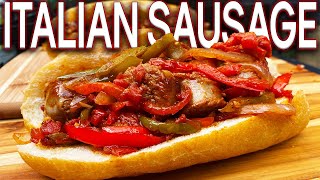 HOW TO MAKE AMAZING ITALIAN SAUSAGE PEPPERS AND ONIONS ON THE BLACKSTONE GRIDDLE HOAGIE SANDWICH [upl. by Aletta]