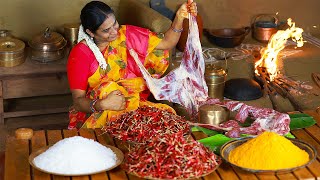 Dry Meat Recipe  Mutton Uppu Kandam Making and cooking in our Village House  The Mud House [upl. by Anjela158]