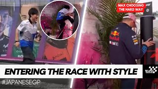 Yuki Tsunoda PARKOUR and Verstappen Squeezed through narrow gates to enter the racetrack Japanese GP [upl. by Nilyak]