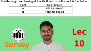 Find the length and bearing of line AB If two co ordinates A amp B as below Survey 10 [upl. by Vanden327]