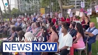 Protestors call for housing solution as thousands of Maui fire survivors still living in hotels [upl. by Nauqaj909]