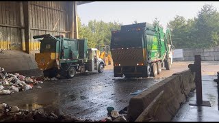 Dueling garbage trucks dumping their load mini truck vs front loader garbagetruck [upl. by Kandace]