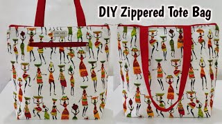 DIY ZIPPERED TOTE BAG TUTORIAL  Bag cutting and stitching   Shopping Bag making at home  DIY Bag [upl. by Jaquith]