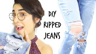 DIY Ripped Boyfriend Jeans  Quick amp Easy Tutorial [upl. by Cornall832]