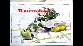 Watercolor Still Life including Flowers Lemons amp Green Apple  with Chris Petri [upl. by Greggs961]