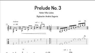 Heitor VillaLobos  Prelude No 3  Digitación Andrés Segovia  Partitura y Tablatura [upl. by Ahsiatal]