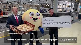 Mayor Jamie Driscoll met Scottie the Stottie at the launch of the first National Stottie Cake Week [upl. by Morrison]