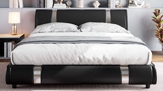 Modern Faux Leather Upholstered Platform Bed Frame with Metal Decoration Headboard Assembled [upl. by Oribella]