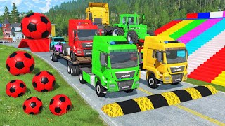 Double Flatbed Trailer Truck vs Speedbumps Train vs Cars  Tractor vs Train BeamngDrive 0196 [upl. by Fiertz470]