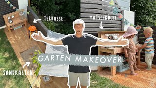 Garten Makeover  Terrasse Sandkasten amp Matschküche selber bauen  ebenerdige Verlegung der Dielen [upl. by Fablan841]