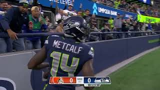 CantMiss Play DK Metcalf Mosses Browns DB to snag 21yard TD pass from Geno Smith [upl. by Datnow838]