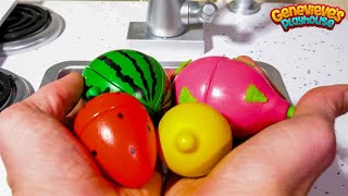 Learn Fruit and Vegetable Names for Kids with Toy Kitchen Cooking Party [upl. by Walburga]