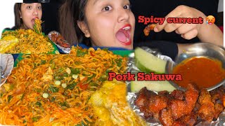 2X Spicy current noodles with pork sekuwa and spicy tomato pickle mukbang [upl. by Lancelot]