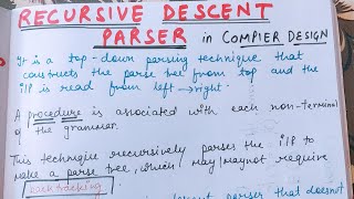 Lecture22 Recursive descent parser with example in COMPILER DESIGN [upl. by Charisse343]