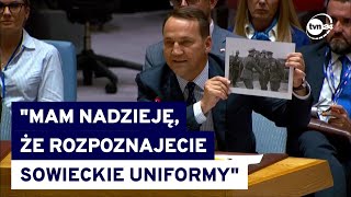 Mocne wystąpienie Radosława Sikorskiego w ONZ Na końcu pokazał zdjęcie [upl. by Nylikcaj313]