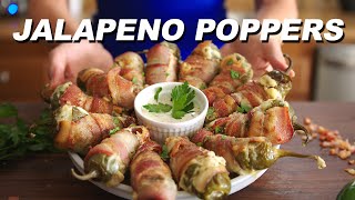 Easy Bacon Wrapped Cream Cheese stuffed Jalapeño Poppers w an amazing Blue Cheese sauce [upl. by Ativ]