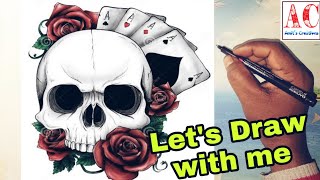 Skull with Roses  Painting step by step for beginners Skull painting tutorial [upl. by Haseefan]