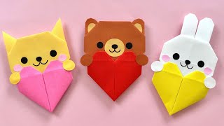 折り紙 簡単 可愛い ネコ ウサギ クマ ハート 折り方 Cute Origami Cat Rabbit Bear Heart バレンタイン ホワイトデー 動物 Paper Craft DIY [upl. by Laehcimaj]