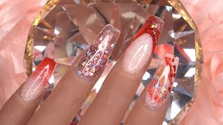 Acrylic Nails Tutorial  How To Encapsulated Red Glitter Acrylic Nails  Marble Nails [upl. by Nonahs605]