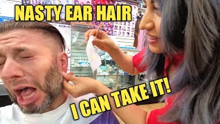 5 EAR HAIR WAXING amp TWEEZER HAIR PLUCKING👂wEcuadorian Female Barber Jackson Heights Queens NYC 🇺🇸 [upl. by Weirick]