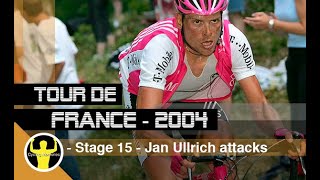 Tour de France 2004  stage 15  Jan Ullrich attacks Virenque amp Rasmussen in breakaway [upl. by Atiloj]