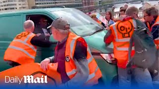 Van driver ploughs through Just Stop Oil protesters in London [upl. by Idonah]