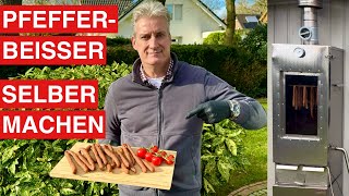 🔥 GRILLBLITZ Pfefferbeißer selber machen Kalträuchern Salami Knacker Rohesser Wurst räuchern Rezept [upl. by Ivory197]