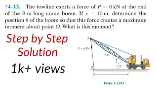 4–12 The towline exerts a force of P  6 kN at the endof the 8mlong crane boom Statics [upl. by Niwle]