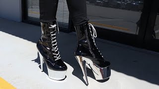 Review Try Out Pleaser ADORE1020 Black Silver Chrome 7 Inch High Heel Ankle Boots Unbox By Victoria [upl. by Digirb20]