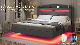 LED Floating Bed Frame With Charging Station Hidden Storage [upl. by Ellehcen]