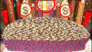 WORLD’S BIGGEST POKER CHIP MOUNTAIN CRASH HIGH RISK COIN PUSHER 100 MILLION BUY IN RECORD WIN [upl. by Lazarus754]