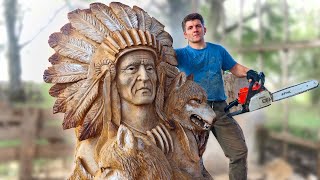 AMAZING CHAINSAW wood carving Native American with wolves [upl. by Navek]