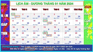 Lịch âm dương tháng 1 năm 2024  Lịch vạn niên tháng 12024 Giáp Thìn [upl. by Irrol316]