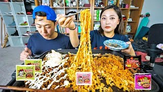 4 Different Fire Noodles Collection Mukbang carbonara black bean mala and original [upl. by Hubing]