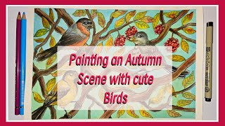 HOW I ILLUSTRATE COLORFUL BIRDS ON AUTUMN BRANCHES  Mixed Media ink watercolor amp cozy Music 🐦🍁 [upl. by Banebrudge425]